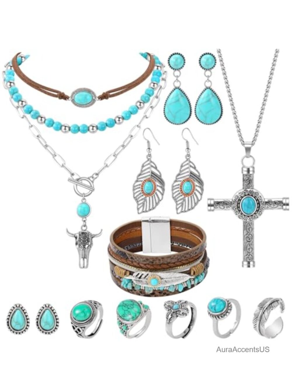Western Jewelry Set 12 Pieces Turquoise Necklace Earrings Bracelet Rings